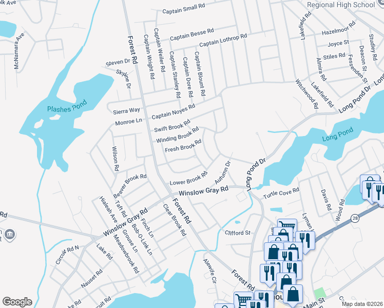 map of restaurants, bars, coffee shops, grocery stores, and more near 27 Fresh Brook Road in Yarmouth