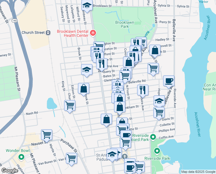 map of restaurants, bars, coffee shops, grocery stores, and more near 191 Belleville Road in New Bedford