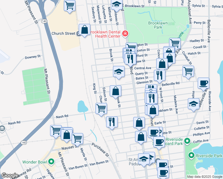 map of restaurants, bars, coffee shops, grocery stores, and more near 200 Glennon Street in New Bedford