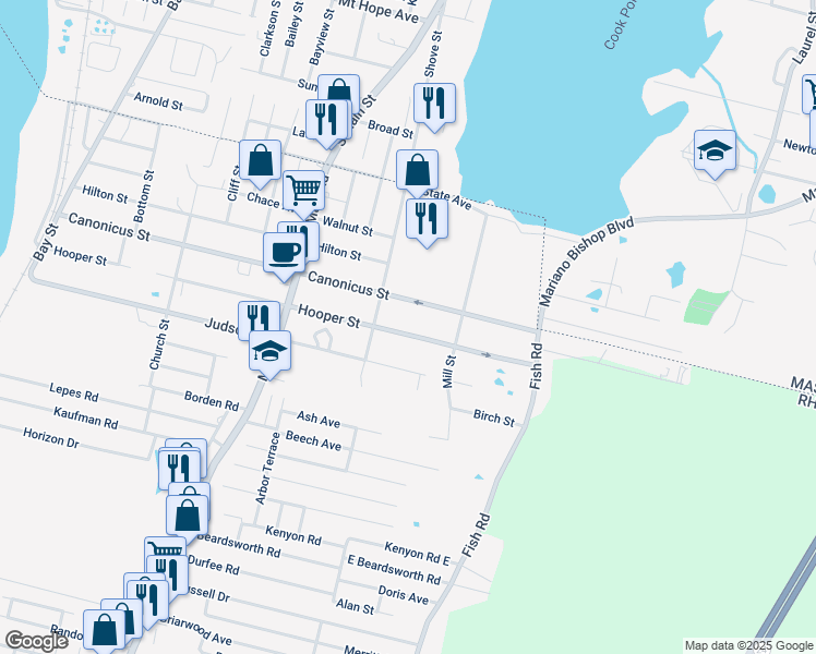 map of restaurants, bars, coffee shops, grocery stores, and more near 392 Hooper Street in Tiverton