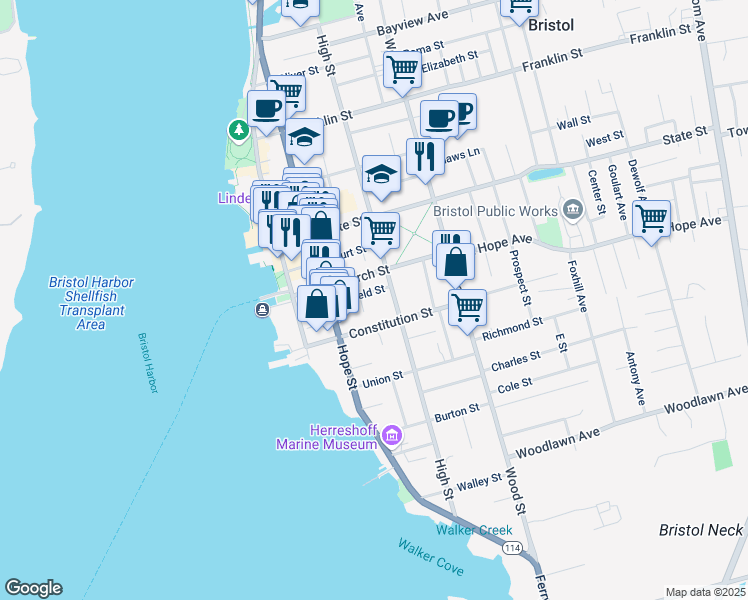 map of restaurants, bars, coffee shops, grocery stores, and more near 34 Byfield Street in Bristol