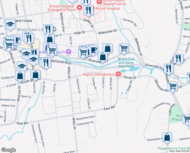 map of restaurants, bars, coffee shops, grocery stores, and more near 376 South Street in Bristol