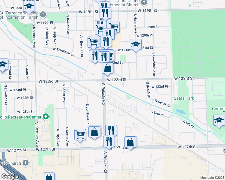 map of restaurants, bars, coffee shops, grocery stores, and more near 3922 West 124th Street in Alsip