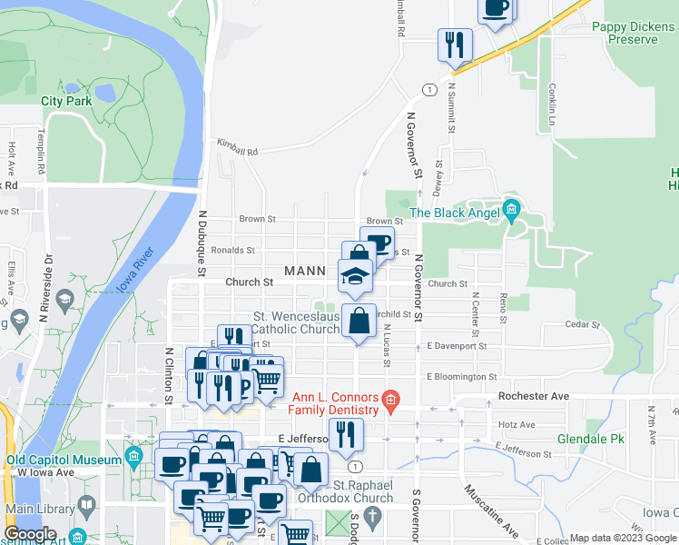 map of restaurants, bars, coffee shops, grocery stores, and more near 614 North Johnson Street in Iowa City