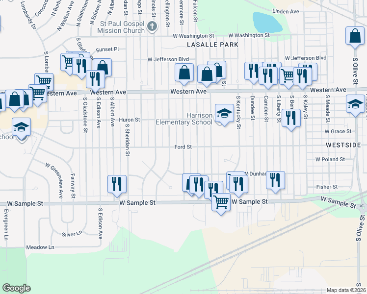 map of restaurants, bars, coffee shops, grocery stores, and more near 3599 Ford Street in South Bend