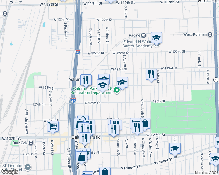 map of restaurants, bars, coffee shops, grocery stores, and more near 12401 Bishop Street in Calumet Park