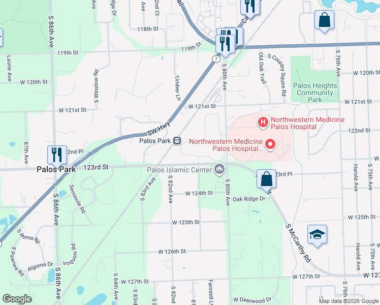map of restaurants, bars, coffee shops, grocery stores, and more near 10 Commons Dr in Palos Park