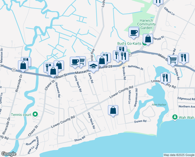 map of restaurants, bars, coffee shops, grocery stores, and more near 95 Earle Road in Harwich