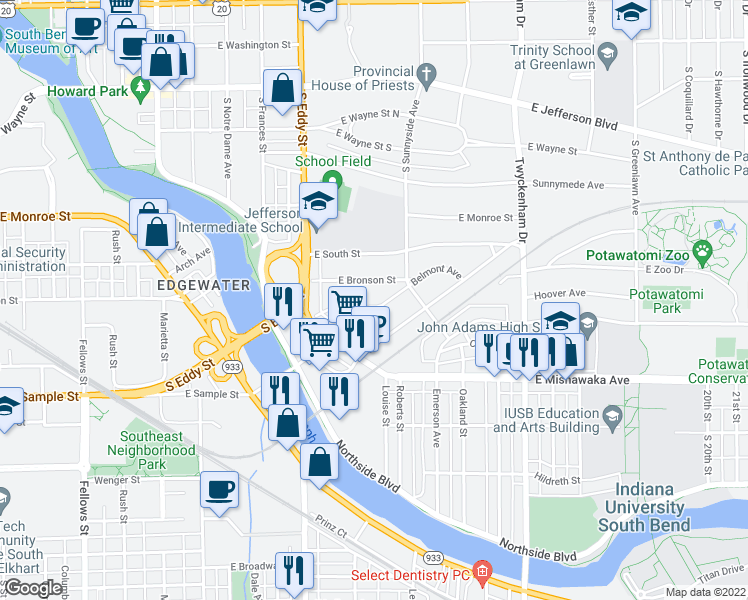 map of restaurants, bars, coffee shops, grocery stores, and more near 1213 Belmont Avenue in South Bend