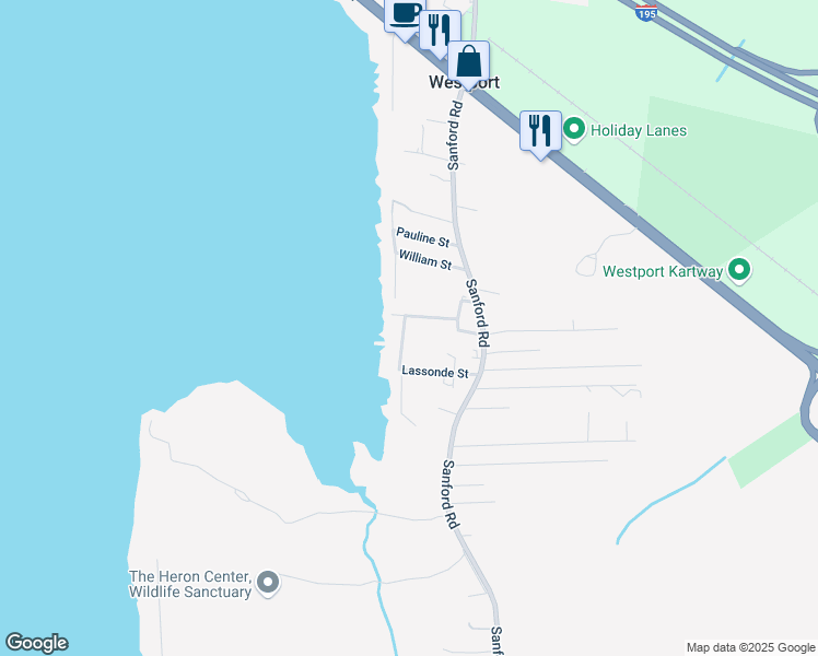 map of restaurants, bars, coffee shops, grocery stores, and more near 18 Gadoury Street in Westport