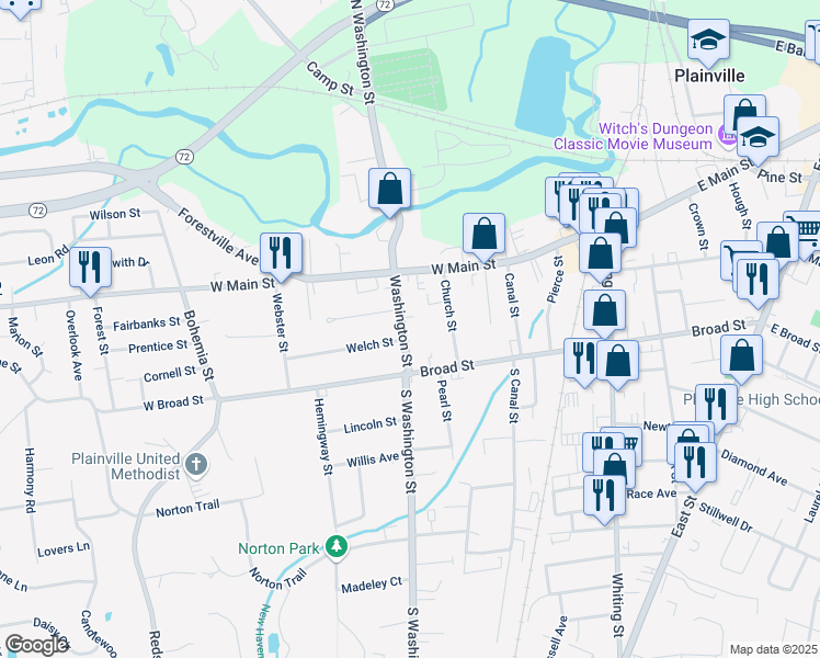 map of restaurants, bars, coffee shops, grocery stores, and more near 26 Washington Street in Plainville