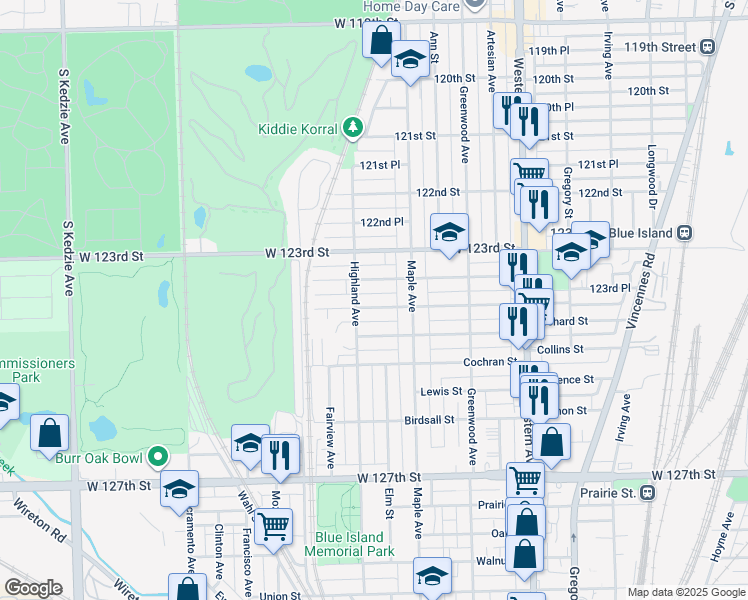 map of restaurants, bars, coffee shops, grocery stores, and more near 2642 Orchard Street in Blue Island