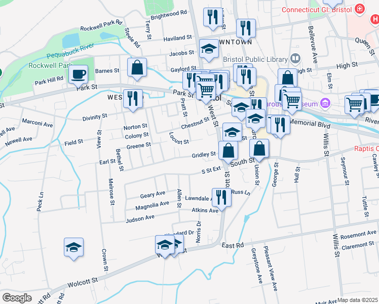 map of restaurants, bars, coffee shops, grocery stores, and more near 70 Gridley Street in Bristol