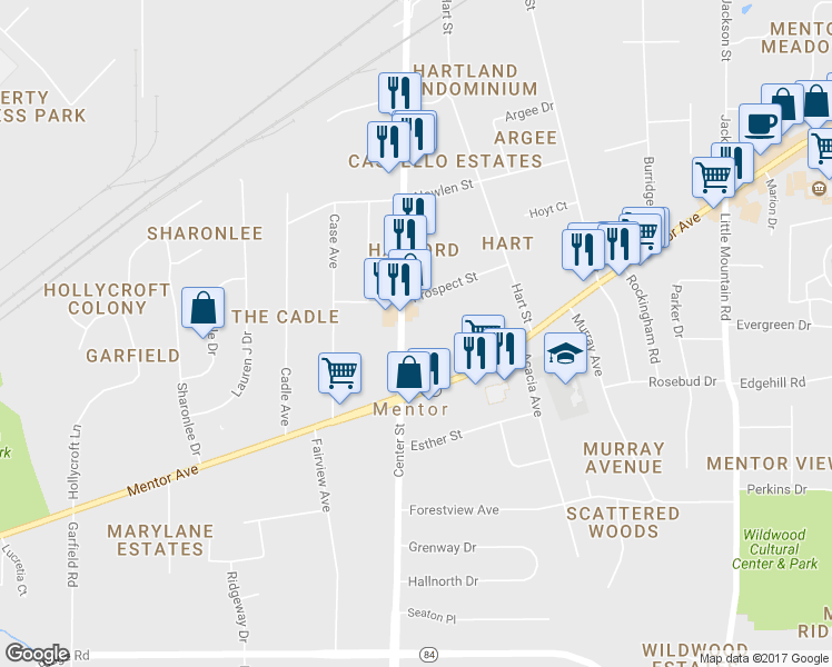 map of restaurants, bars, coffee shops, grocery stores, and more near 7441 Center Street in Mentor