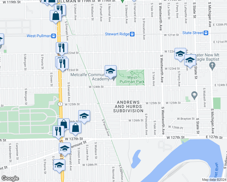 map of restaurants, bars, coffee shops, grocery stores, and more near 12415 South Normal Avenue in Chicago