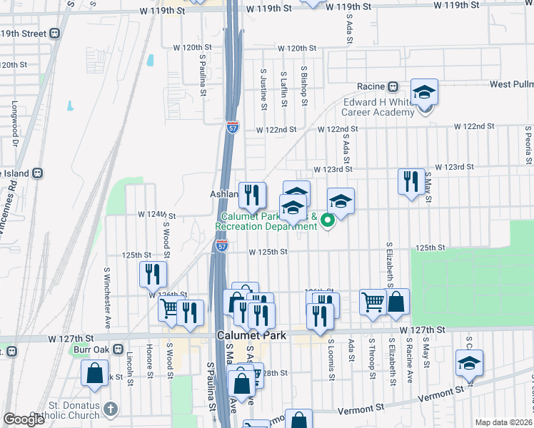 map of restaurants, bars, coffee shops, grocery stores, and more near 12400 South Justine Street in Calumet Park
