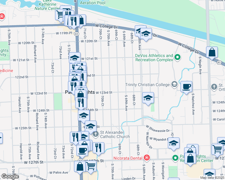 map of restaurants, bars, coffee shops, grocery stores, and more near 12243 South 70th Avenue in Palos Heights