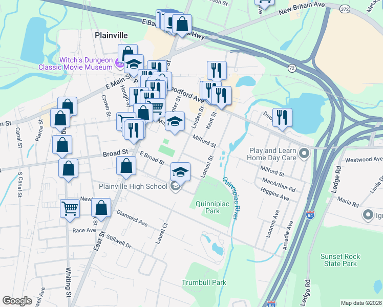 map of restaurants, bars, coffee shops, grocery stores, and more near 17 School Street in Plainville