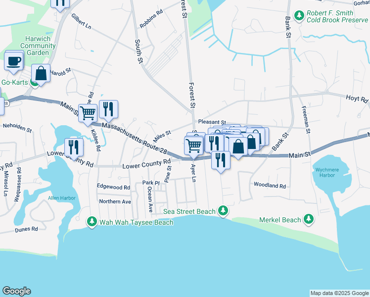 map of restaurants, bars, coffee shops, grocery stores, and more near 11 Helena Avenue in Harwich