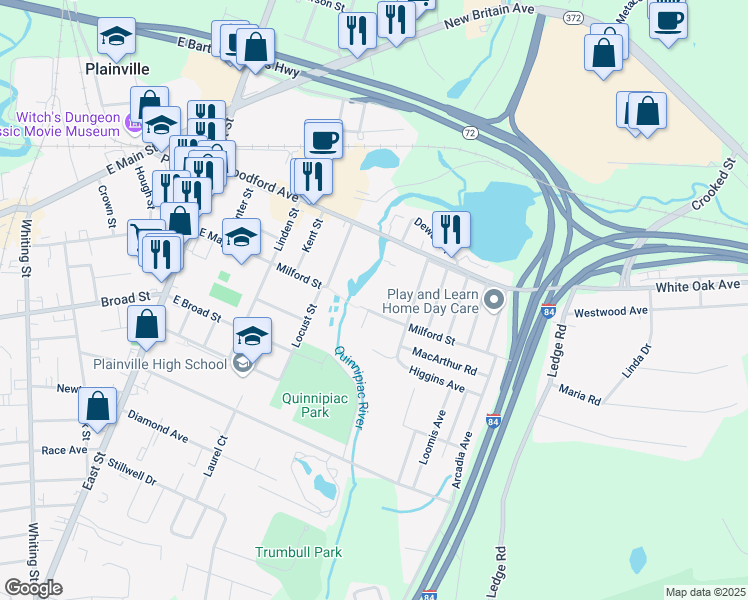 map of restaurants, bars, coffee shops, grocery stores, and more near 50 Milford Street in Plainville