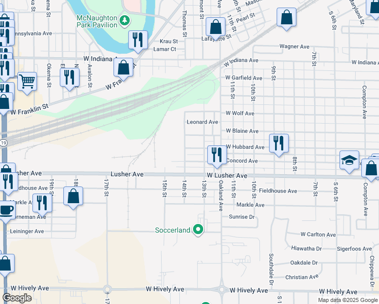 map of restaurants, bars, coffee shops, grocery stores, and more near 1321 W Hubbard Ave in Elkhart