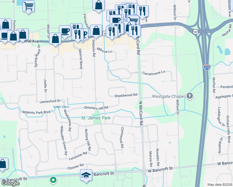 map of restaurants, bars, coffee shops, grocery stores, and more near 6822 Shieldwood Road in Toledo
