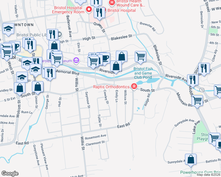 map of restaurants, bars, coffee shops, grocery stores, and more near 376 South Street in Bristol
