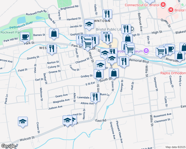 map of restaurants, bars, coffee shops, grocery stores, and more near 40 West Street in Bristol