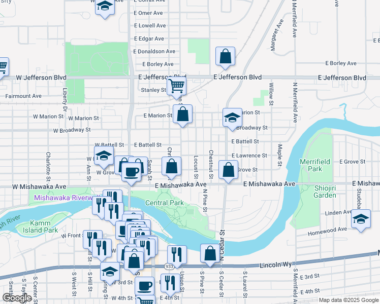 map of restaurants, bars, coffee shops, grocery stores, and more near 406 East Lawrence Street in Mishawaka