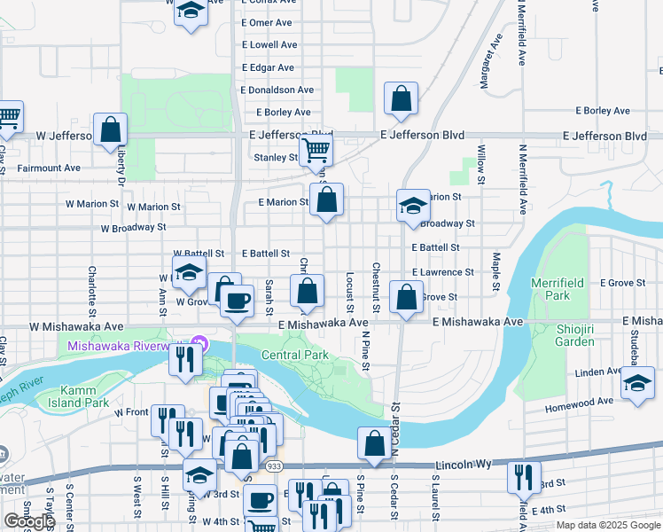 map of restaurants, bars, coffee shops, grocery stores, and more near 406 East Lawrence Street in Mishawaka