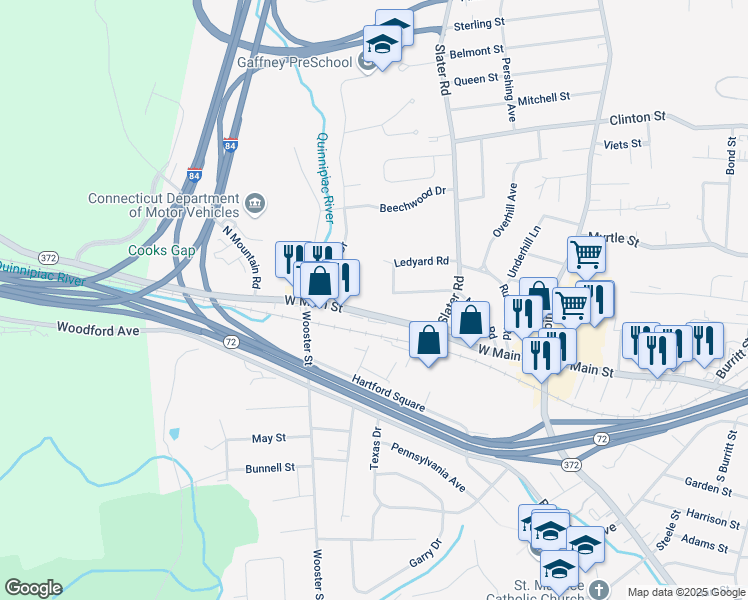map of restaurants, bars, coffee shops, grocery stores, and more near 931 West Main Street in New Britain