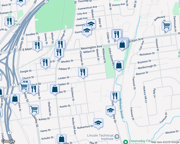 map of restaurants, bars, coffee shops, grocery stores, and more near 168 Linden St in New Britain