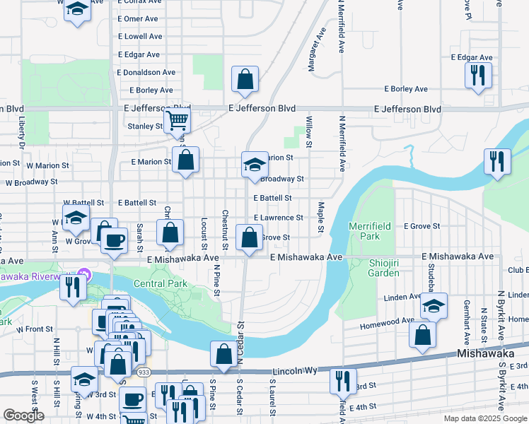 map of restaurants, bars, coffee shops, grocery stores, and more near 813 Elm Street in Mishawaka