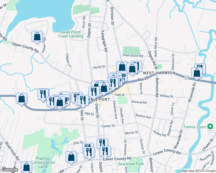 map of restaurants, bars, coffee shops, grocery stores, and more near 237 Upper County Rd in Dennis