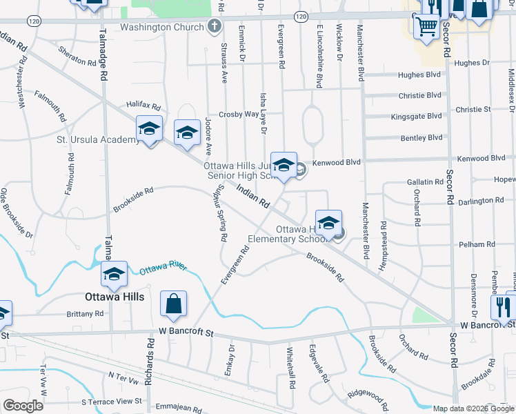 map of restaurants, bars, coffee shops, grocery stores, and more near 3817 Indian Road in Toledo