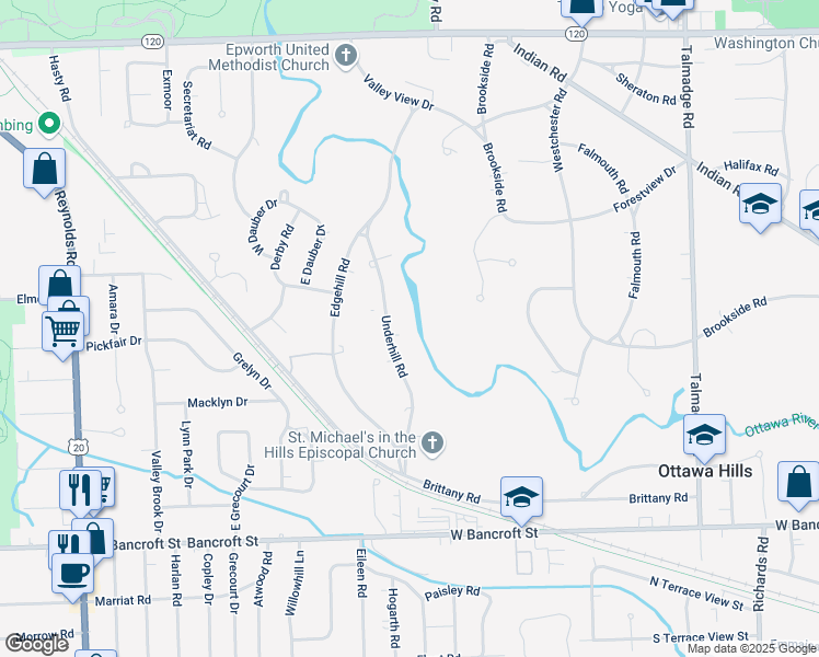 map of restaurants, bars, coffee shops, grocery stores, and more near 2516 Underhill Road in Toledo