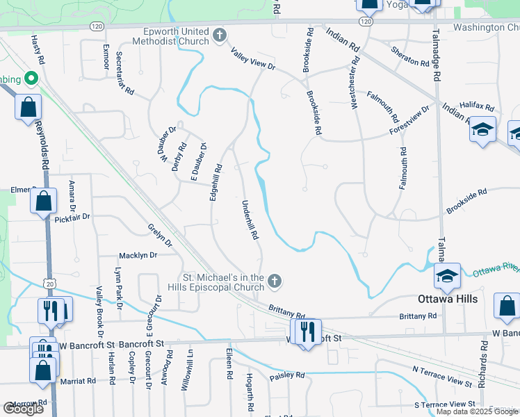 map of restaurants, bars, coffee shops, grocery stores, and more near 2516 Underhill Road in Toledo