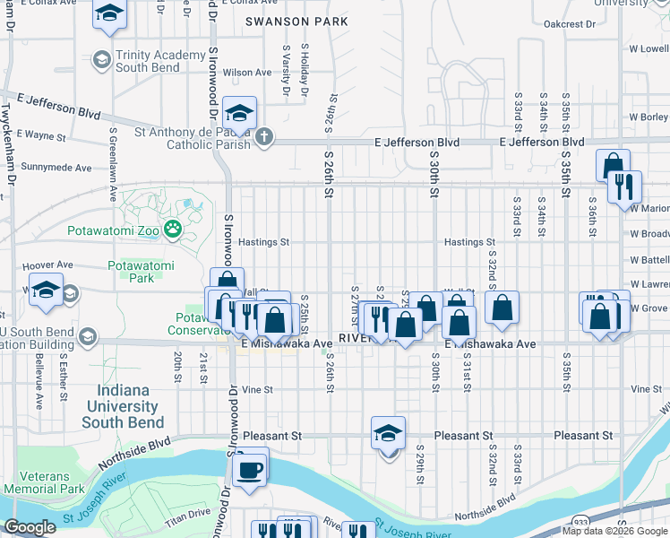 map of restaurants, bars, coffee shops, grocery stores, and more near 725 South 27th Street in South Bend