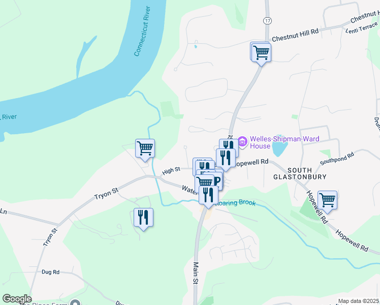 map of restaurants, bars, coffee shops, grocery stores, and more near 28 Beechwood Lane in Glastonbury