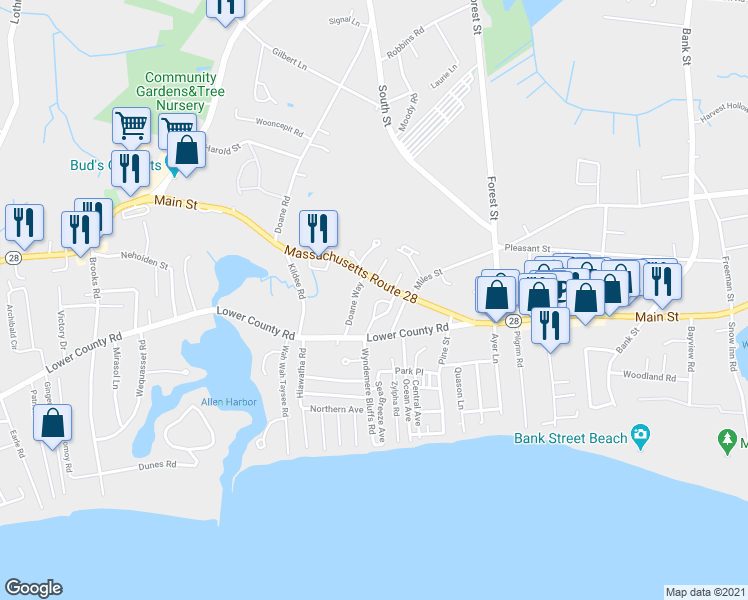 map of restaurants, bars, coffee shops, grocery stores, and more near 32 Lincoln Village Road in Harwich