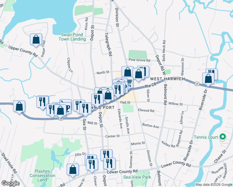 map of restaurants, bars, coffee shops, grocery stores, and more near 682 Main Street in Dennis