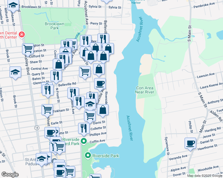map of restaurants, bars, coffee shops, grocery stores, and more near 200 Riverside Avenue in New Bedford