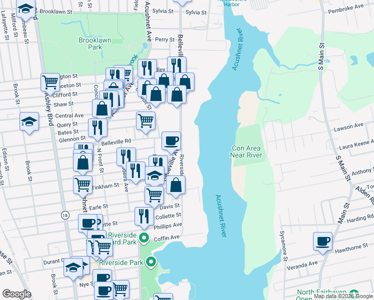 map of restaurants, bars, coffee shops, grocery stores, and more near 200 Riverside Avenue in New Bedford