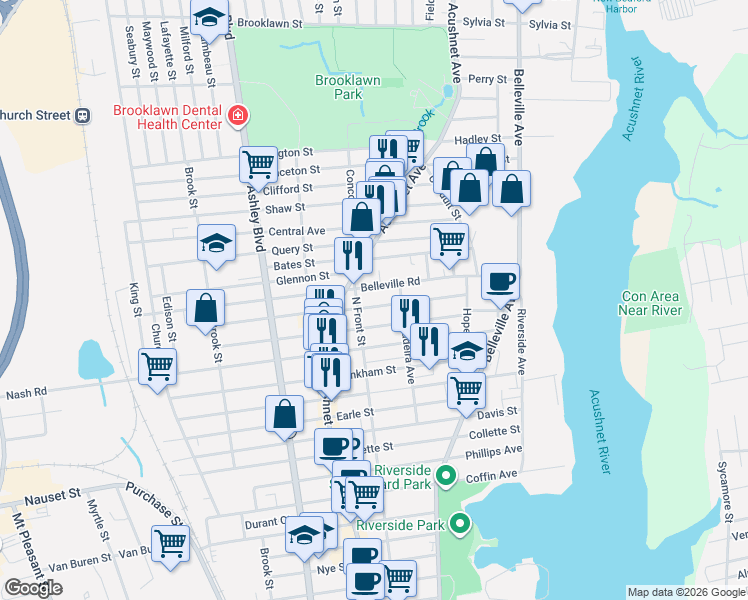 map of restaurants, bars, coffee shops, grocery stores, and more near 570 North Front Street in New Bedford