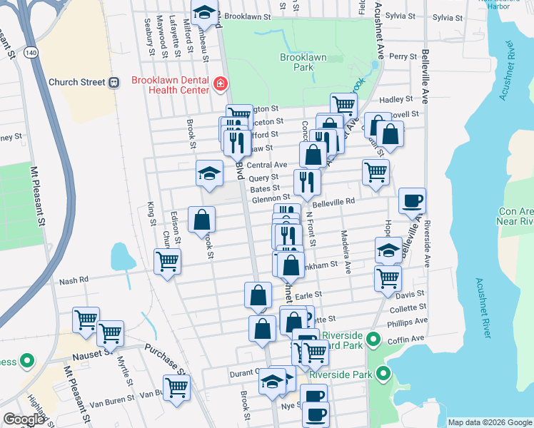 map of restaurants, bars, coffee shops, grocery stores, and more near 191 Belleville Road in New Bedford