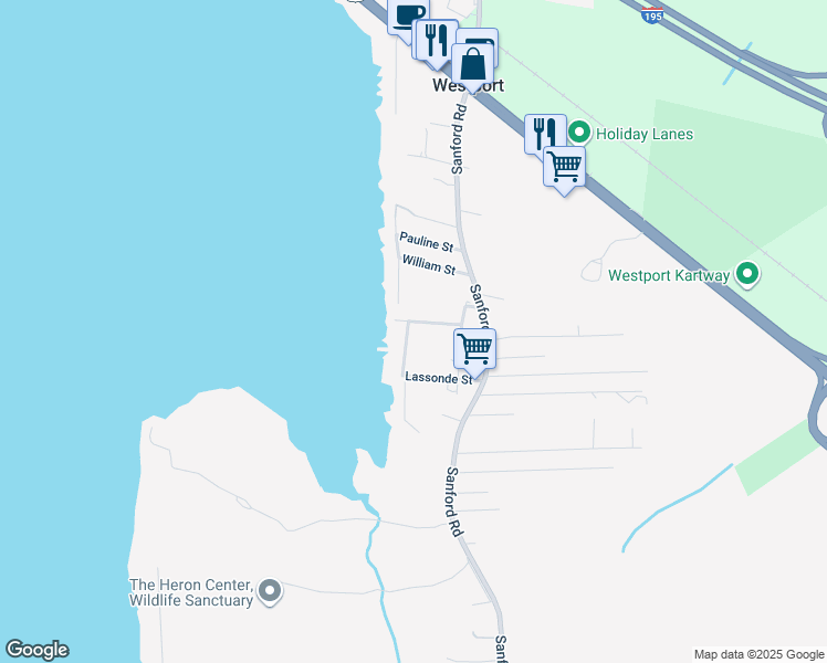 map of restaurants, bars, coffee shops, grocery stores, and more near 18 Gadoury Street in Westport