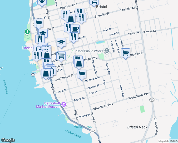 map of restaurants, bars, coffee shops, grocery stores, and more near 40 Catherine Street in Bristol