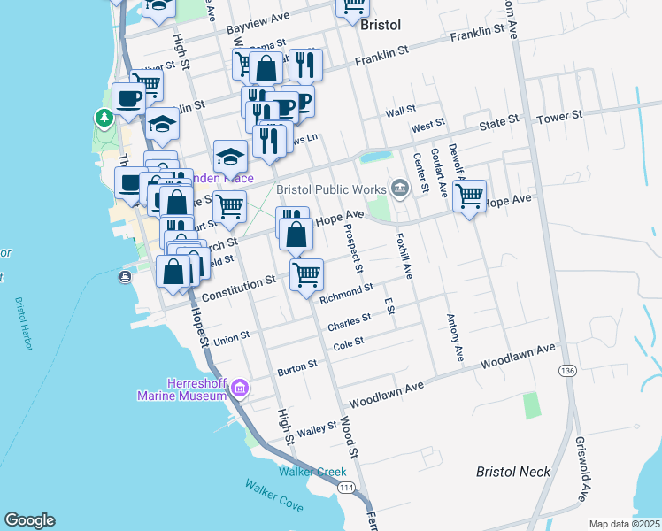 map of restaurants, bars, coffee shops, grocery stores, and more near 40 Catherine Street in Bristol