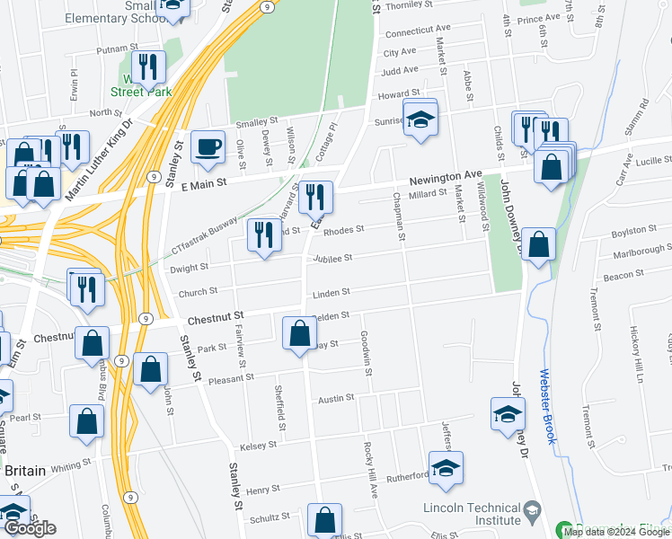 map of restaurants, bars, coffee shops, grocery stores, and more near 51 Jubilee Street in New Britain