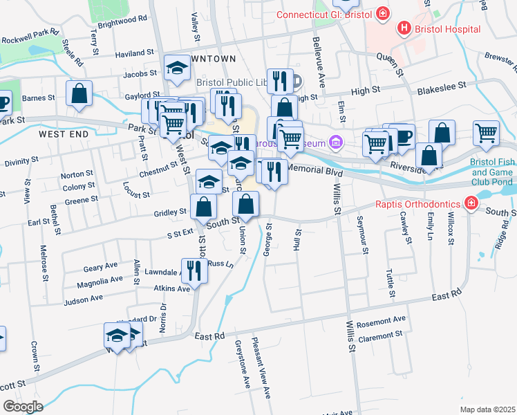 map of restaurants, bars, coffee shops, grocery stores, and more near 163 Church Street in Bristol